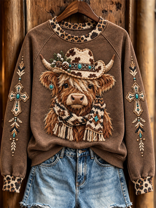 Women's Christmas Western Highland Cow & Christian Cross Print Sweatshirt