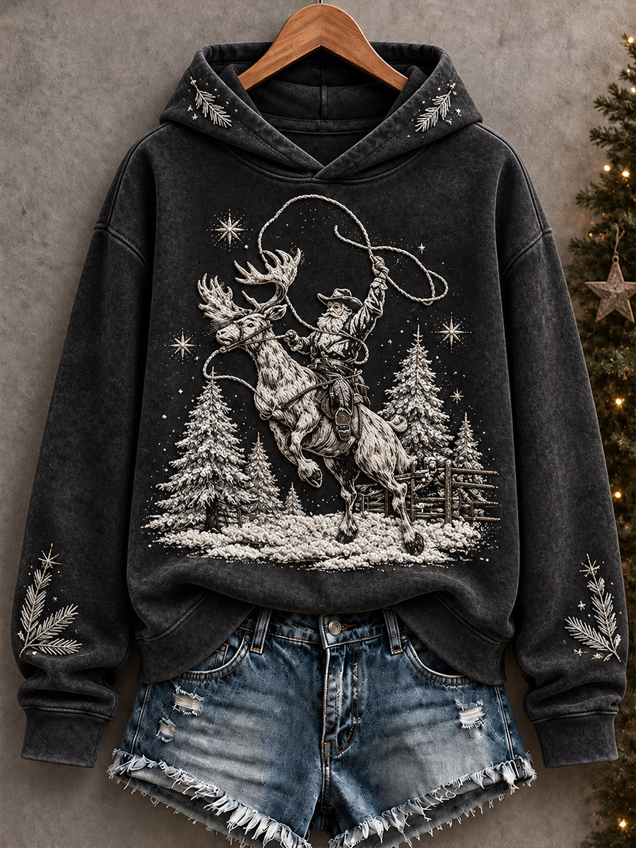 Women's Vintage Western Style Christmas Art Printed Hoodie