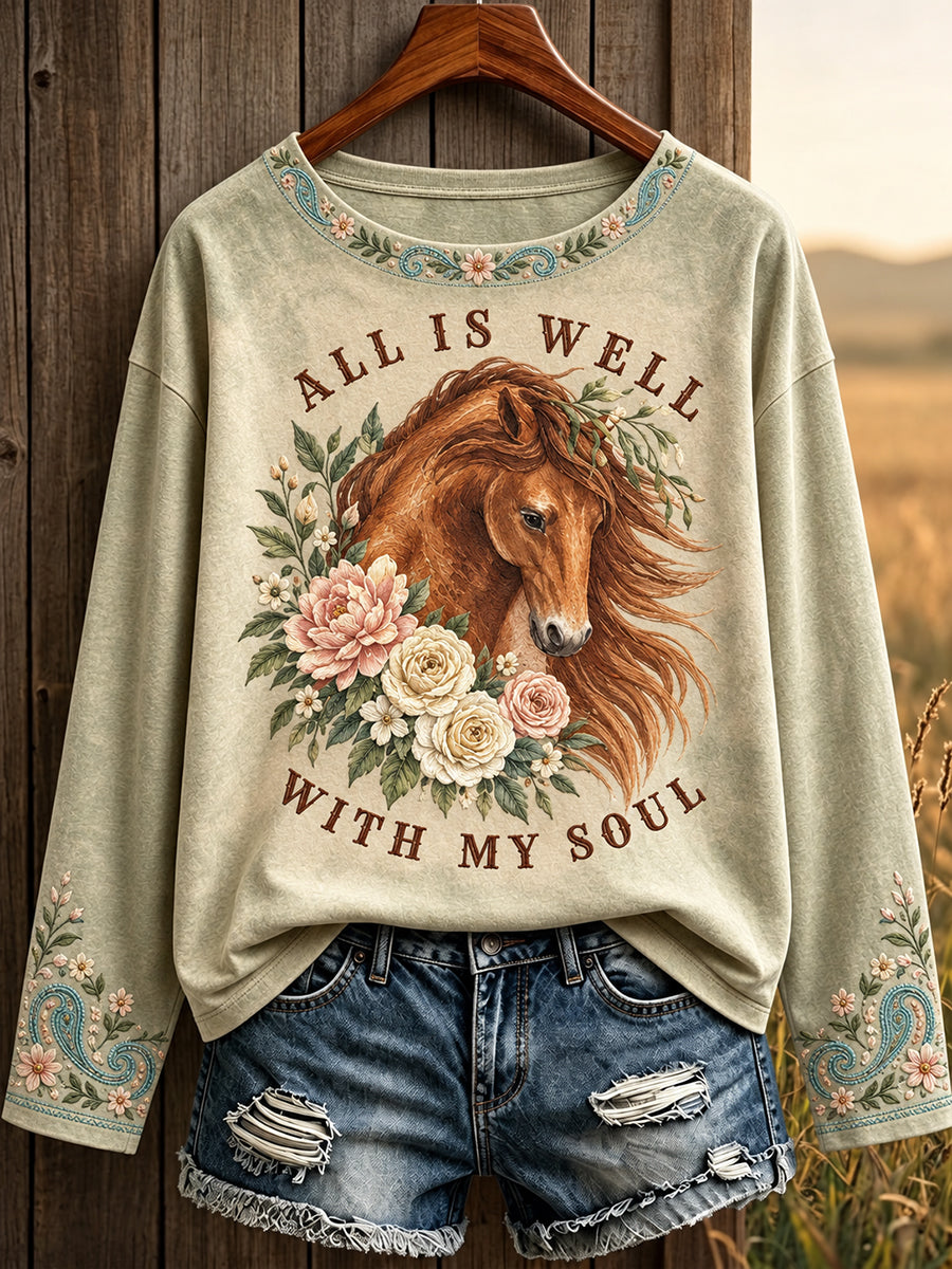 Women's Vintage Western Syle Faith&Horses Lover Printed T-shirt