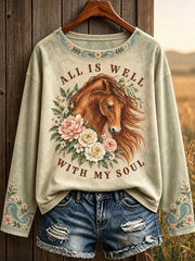 Women's Vintage Western Syle Faith&Horses Lover Printed T-shirt