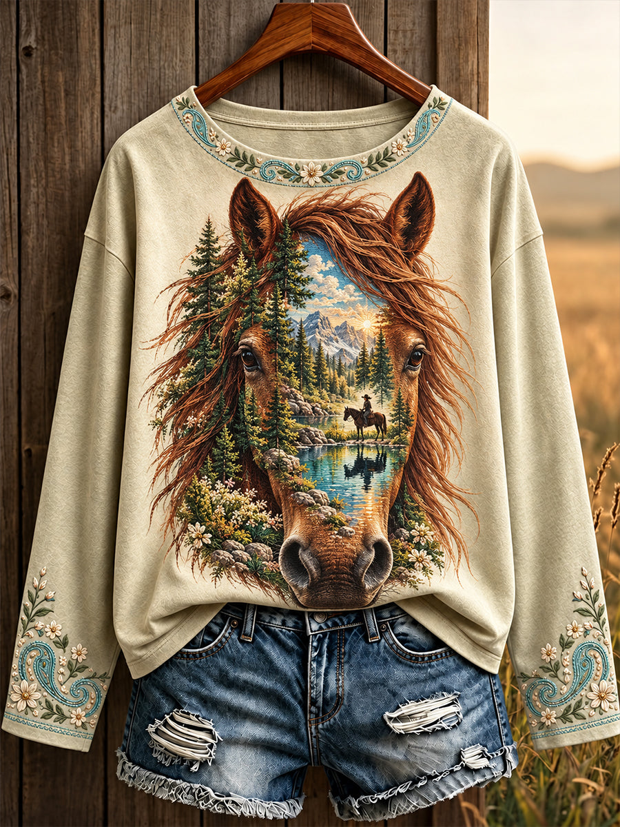 Women's Vintage Western Syle Horses Lover Printed T-shirt