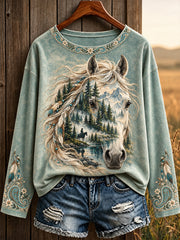 Women's Vintage Western Syle Horses Lover Printed T-shirt