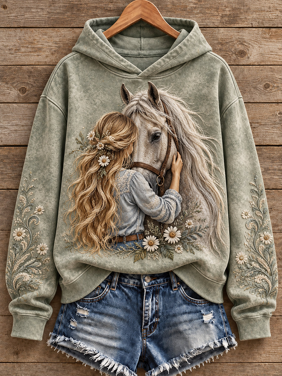 Women's Vintage Western Syle Horses Lover Printed Hoodie