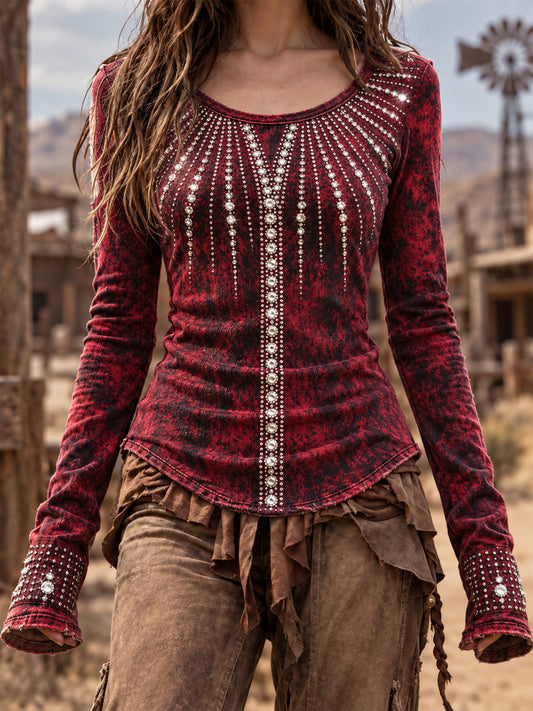 Women's Vintage Western Round-Neck Long-Sleeve T-Shirt