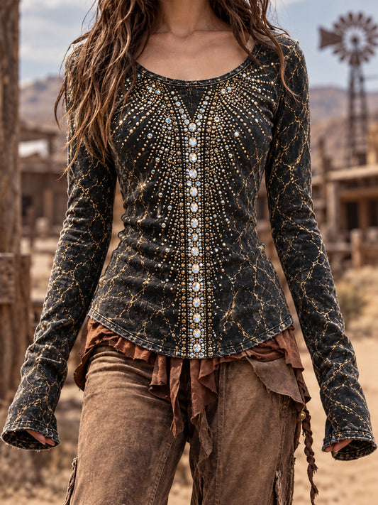 Women's Vintage Western Round-Neck Long-Sleeve T-Shirt
