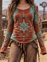 Women's Vintage Western Round-Neck Long-Sleeve T-Shirt