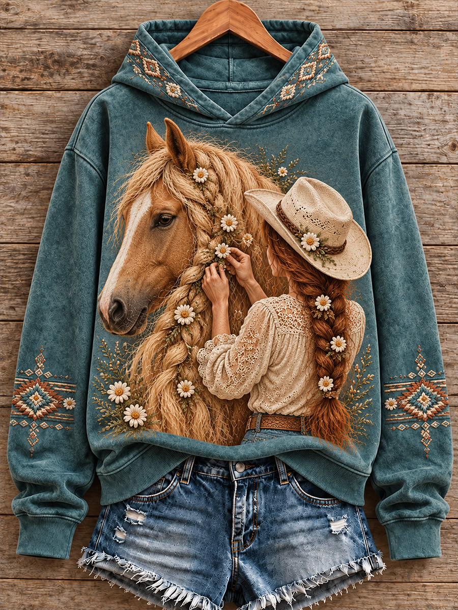 Women's Vintage Western Style Horses Lover Printed Hoodie
