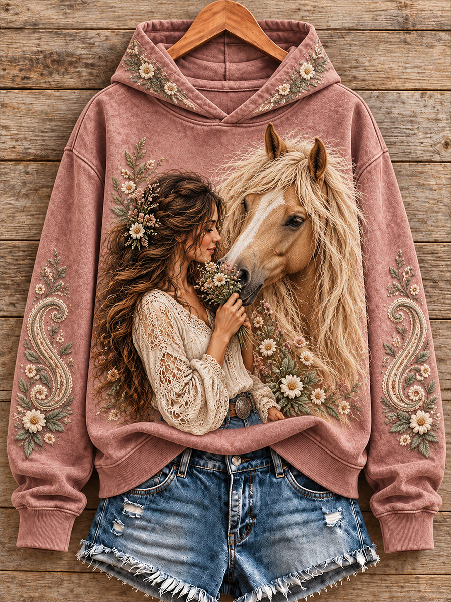 Women's Vintage Western Style Horses Lover Printed Hoodie