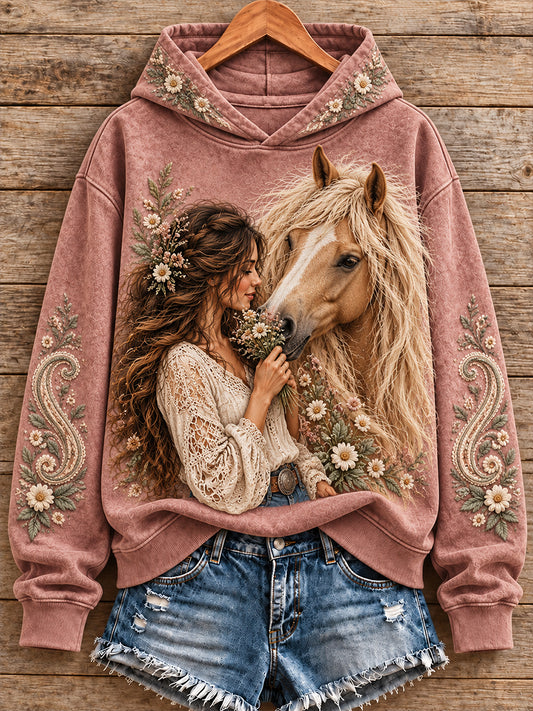 Women's Vintage Western Style Horses Lover Printed Hoodie