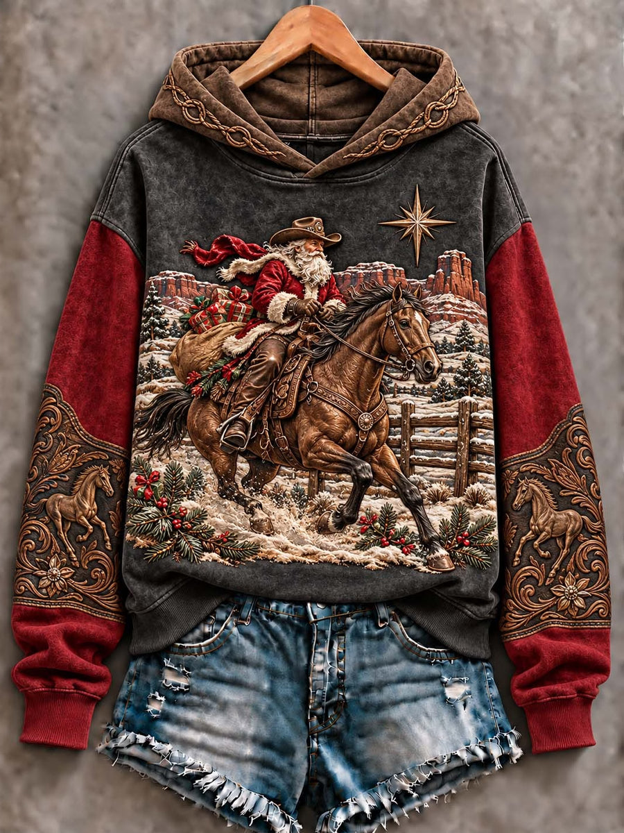 Women's Western Cowboy Christmas Santa Riding Horse Art  Hoodie