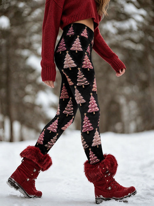 Women's Pink Christmas Tree Stretch Leggings