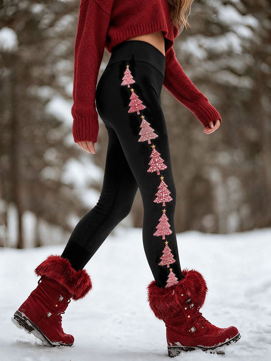 Women's Pink Christmas Tree Stretch Leggings