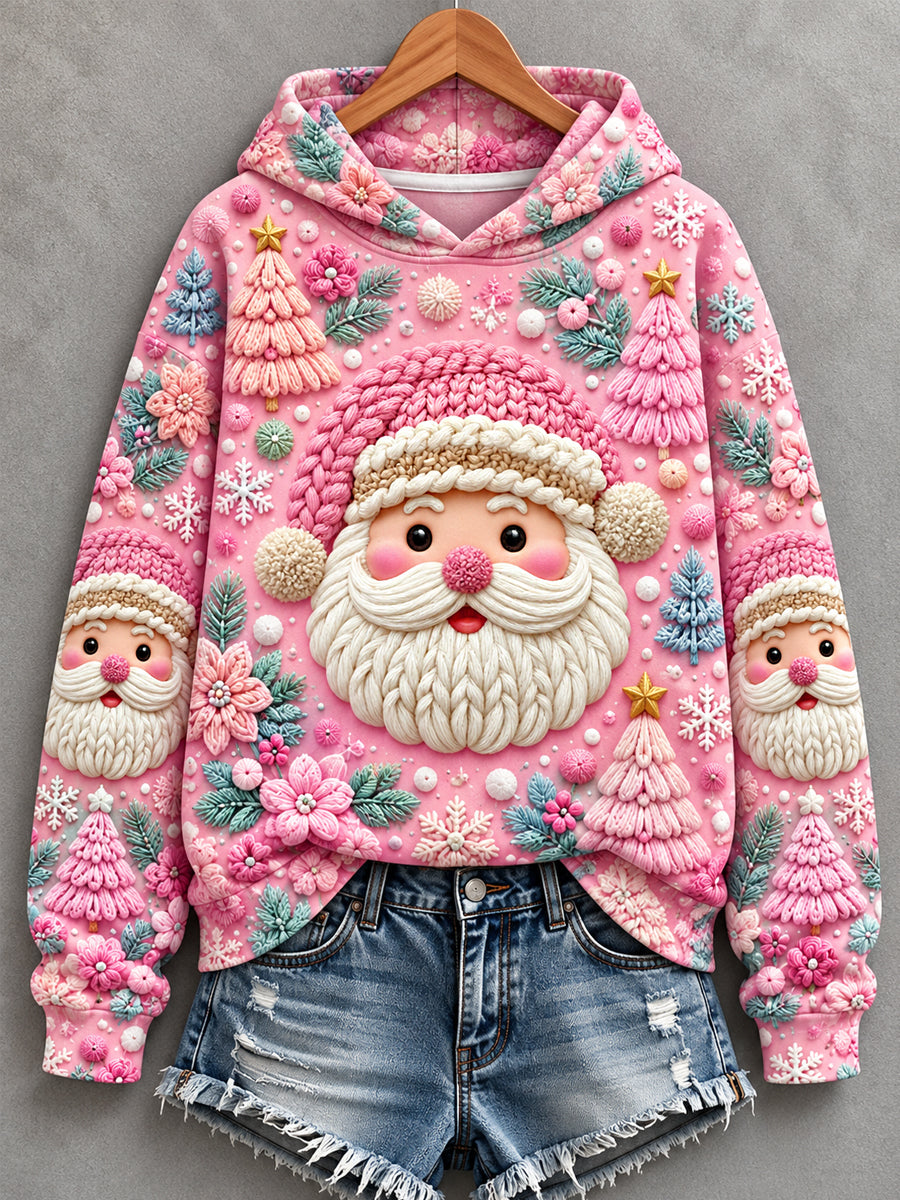 Women's Christmas Pink Santa Claus Print Casual Hoodie