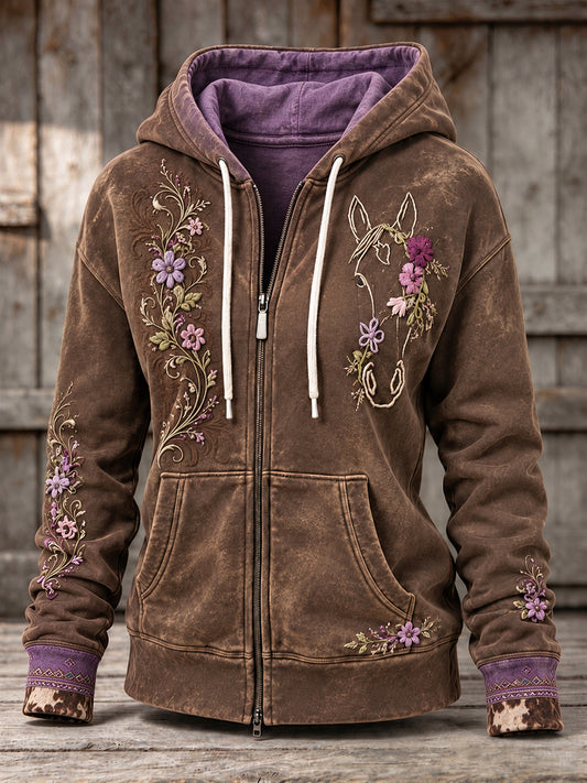 Women's Vintage Western Style Horses&Floral Art Printed Coat