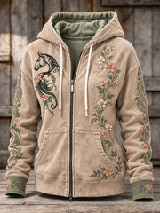 Women's Vintage Western Style Horses&Floral Art Printed Coat