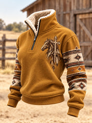 Women's Western Horse Art Print Fur Collar Top