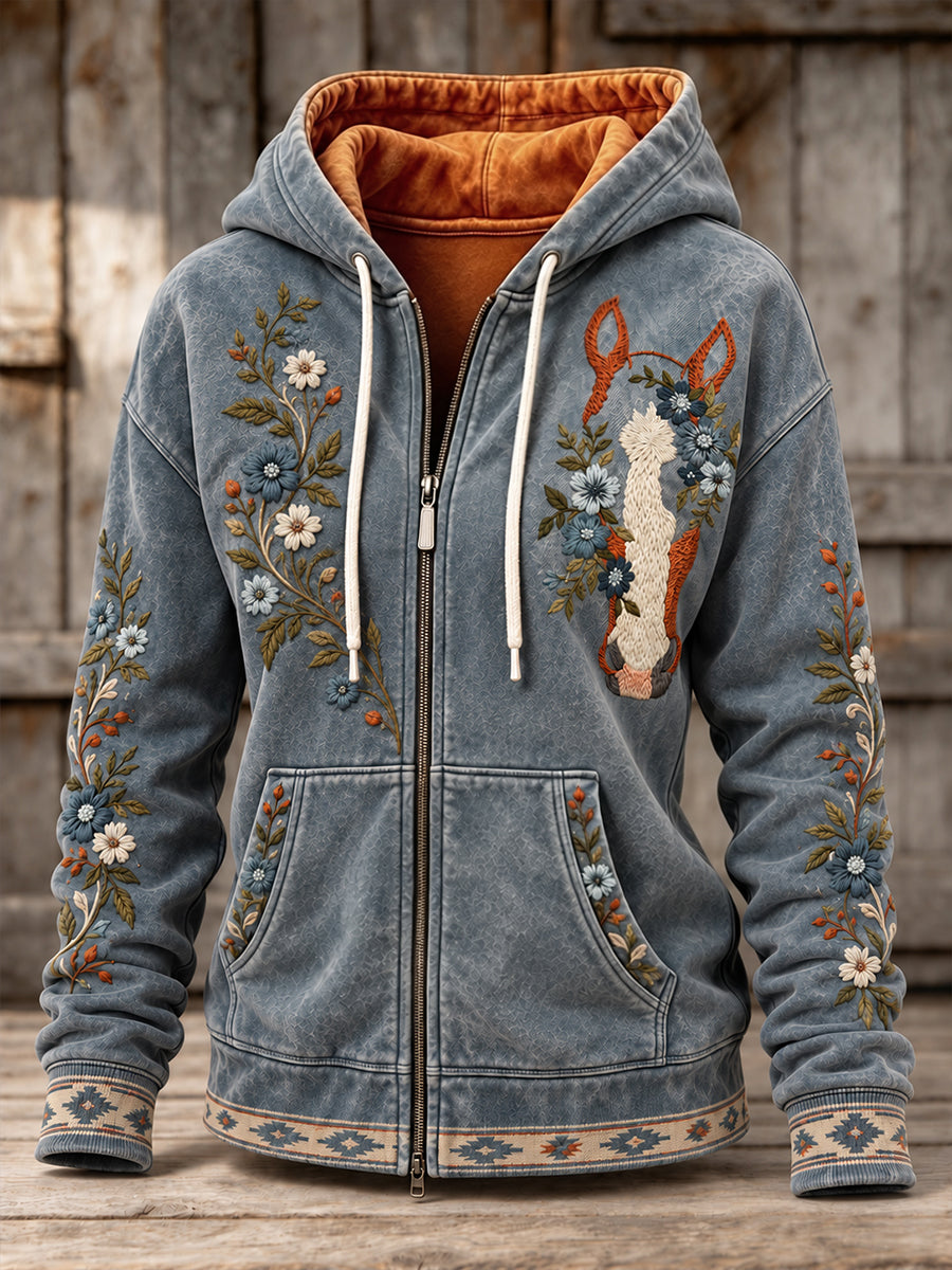 Women's Vintage Western Style Horses&Floral Art Printed Coat