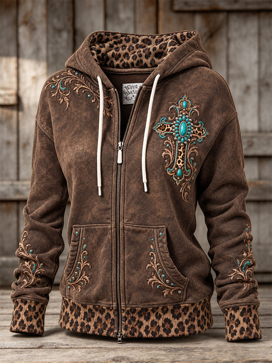 Women's Western-style Cross Pattern Leopard Print Casual Zip-Up Hoodie