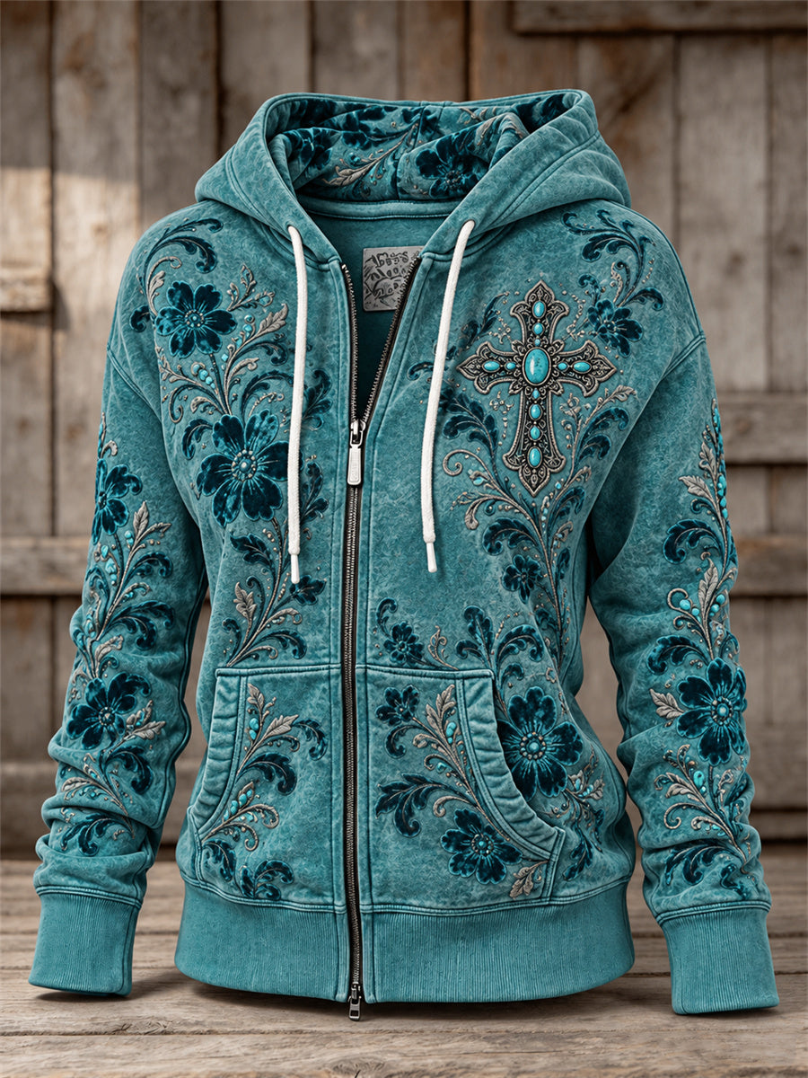 Women's Vintage Western Turquoise Cross Floral Art Print Full Zip Hoodie