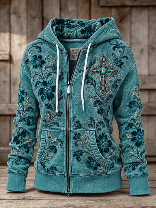 Women's Vintage Western Turquoise Cross Floral Art Print Full Zip Hoodie