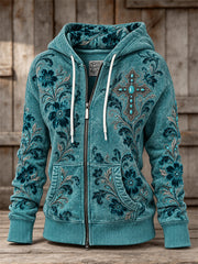 Women's Vintage Western Turquoise Cross Floral Art Print Full Zip Hoodie