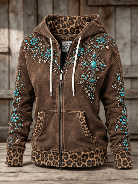 Women's Vintage Western Turquoise Cross Leopard Print Full Zip Hoodie