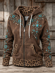 Women's Vintage Western Turquoise Cross Leopard Print Full Zip Hoodie