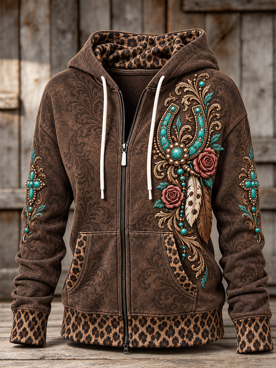 Women's Vintage Western Floral Cross Leopard Print Zip-Up Hoodie