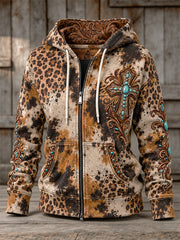 Women's Vintage Western Turquoise Cross Leopard Cowhide Pattern Print Full Zip Hoodie
