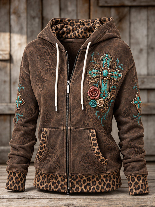 Women's Vintage Western Floral Cross Leopard Print Zip-Up Hoodie