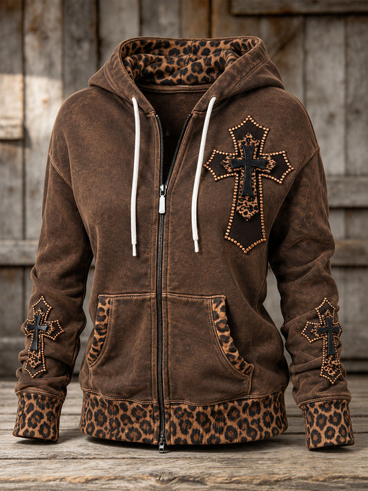 Women's Vintage Western Cross Leopard Print Zip-Up Hoodie