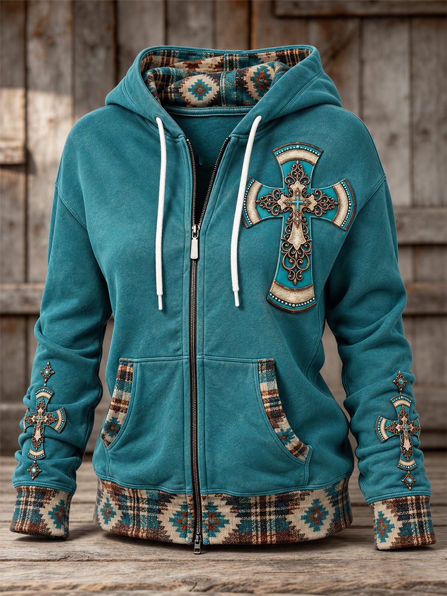 Women's Vintage Western Cross Aztec Pattern Print Zip-Up Hoodie