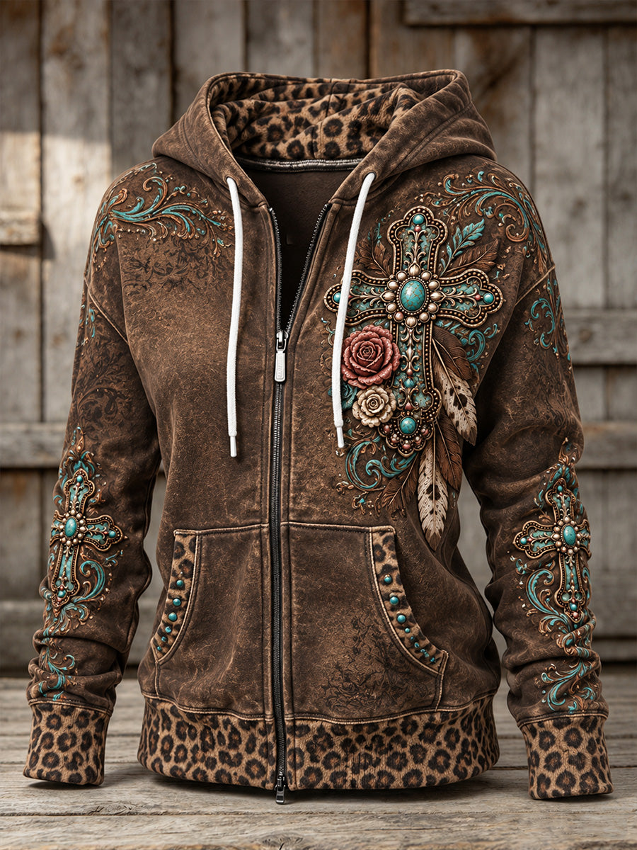 Women's Vintage Western Floral Cross Leopard Print Zip-Up Hoodie