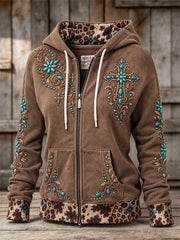 Women's Vintage Western Turquoise Cross Leopard Cowhide Print Full Zip Hoodie