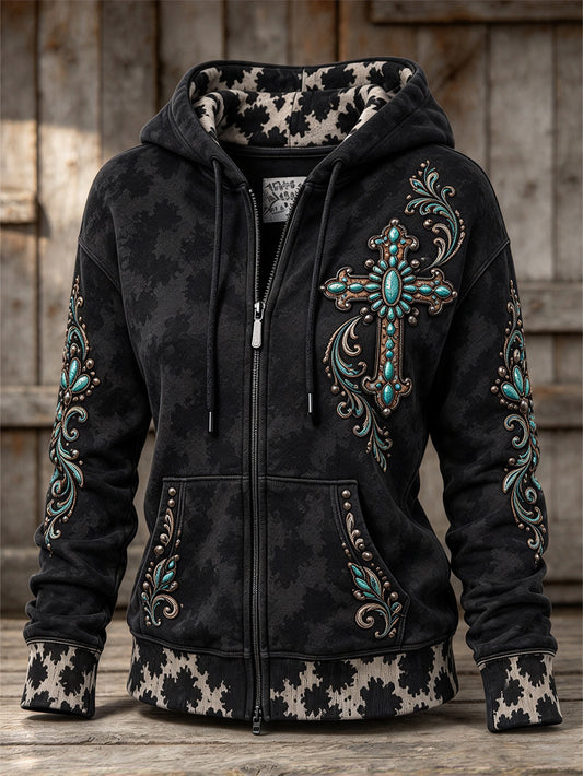 Women's Western-Style Cross Pattern Cow Print Casual Zip-Up Hoodie