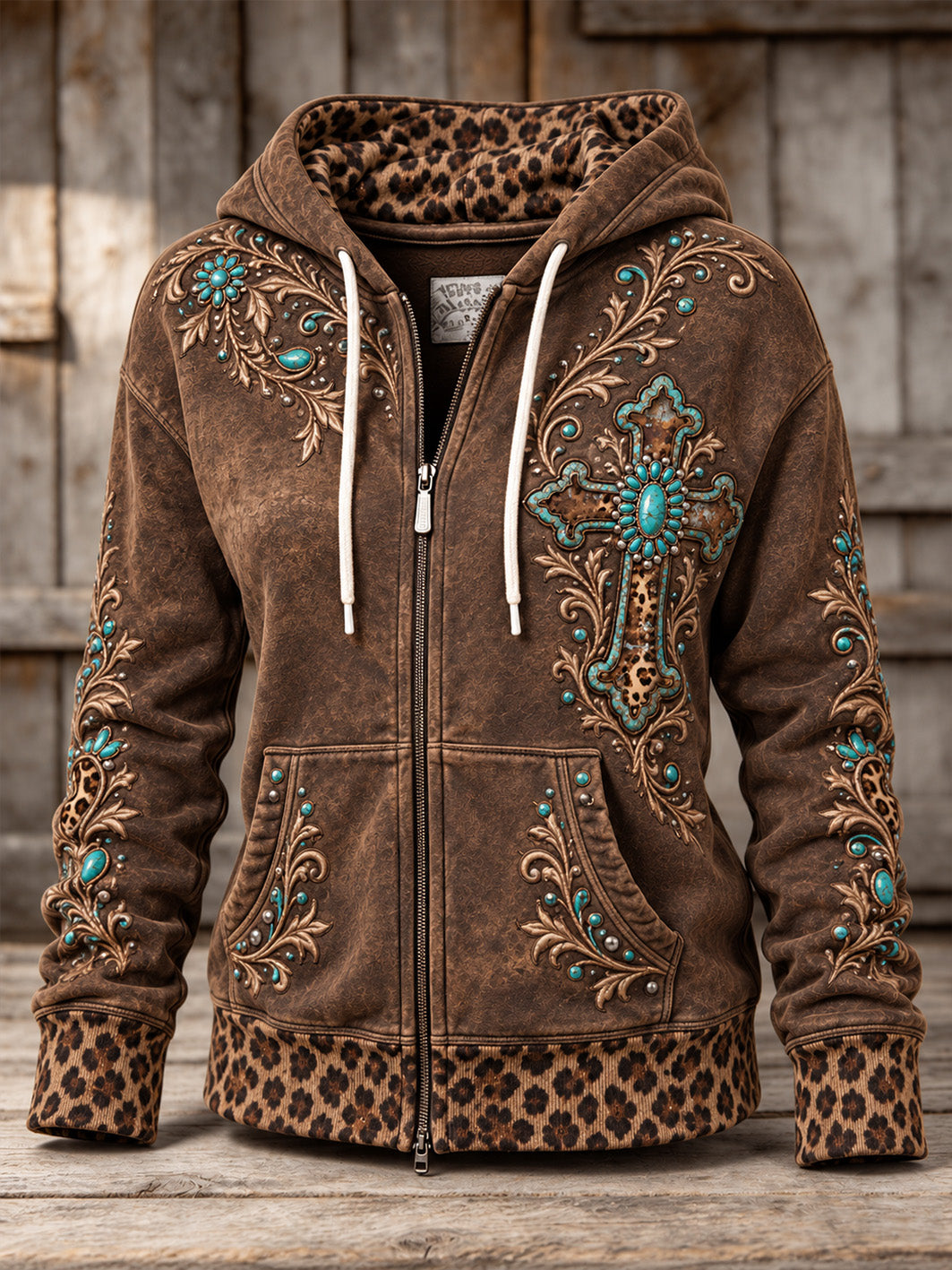 Women's Western-style Cross Pattern Leopard Print Casual Zip-Up Hoodie