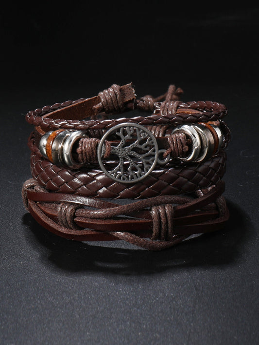 Men's Tree of Life Vintage Woven Personalized Leather Bracelet Three-Piece Set