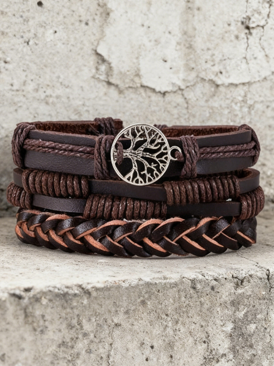 Men's Tree of Life Vintage Woven Personalized Leather Bracelet Three-Piece Set