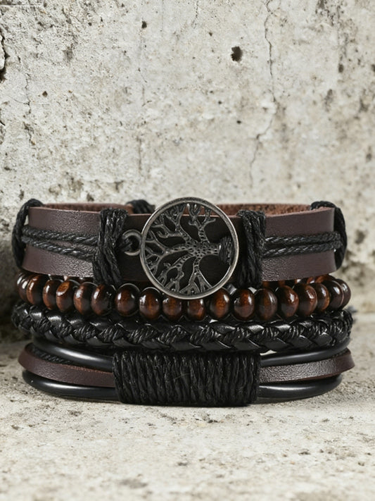 Men's Tree of Life Vintage Woven Personalized Leather Bracelet Three-Piece Set