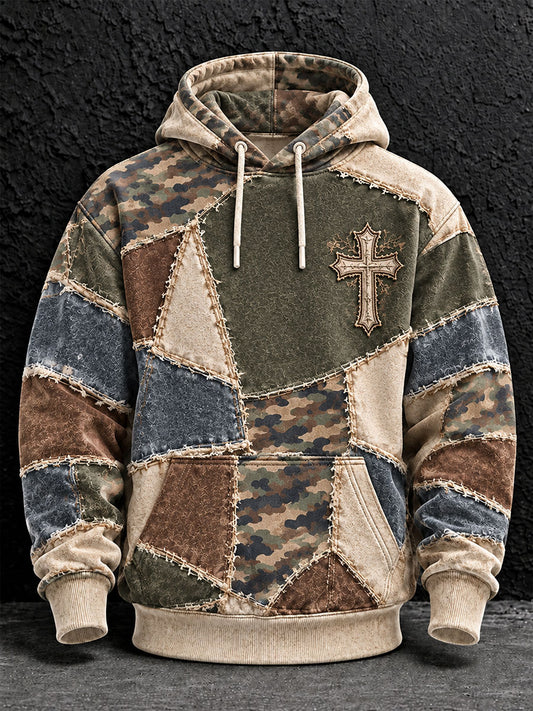 Men's Cross Patchwork Print Casual Hoodie
