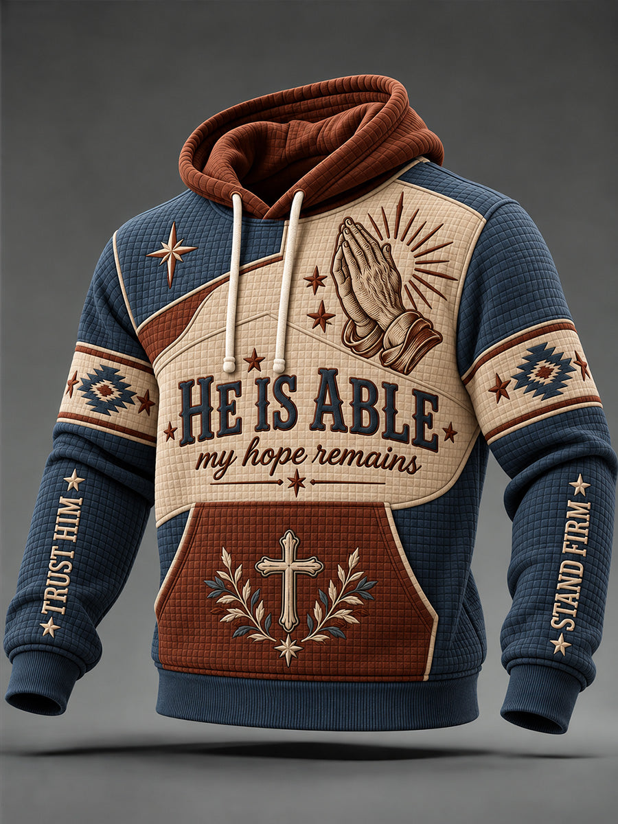 Men's He Is Able My Hope Remains Color-block Print Checkered Cotton Hoodie
