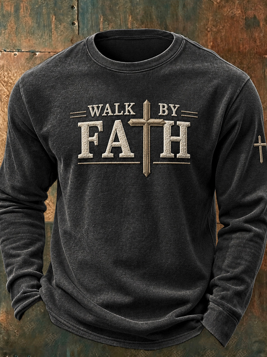 Men's Walk By Faith Pattern Color-block Design Casual Round-neck Sweatshirt