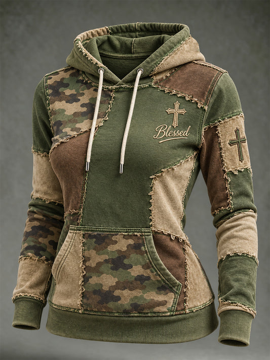 Women's Vintage Camouflage And Corss Element Block Patchwork Design Print Casual Hoodie