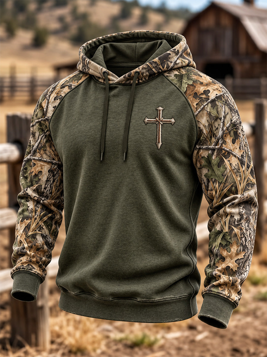Men's Christian Cross Print Velvet Raglan Hoodie