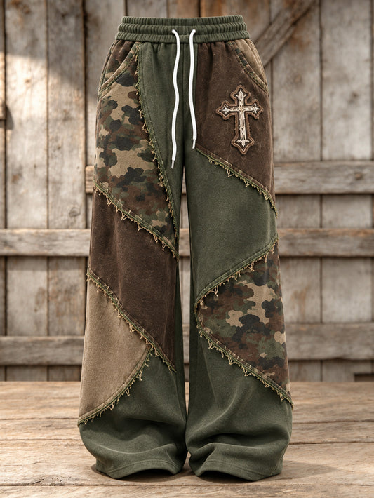 Women's Vintage Camouflage And Cross Element Block Patchwork Design Print Casual Sweatpants