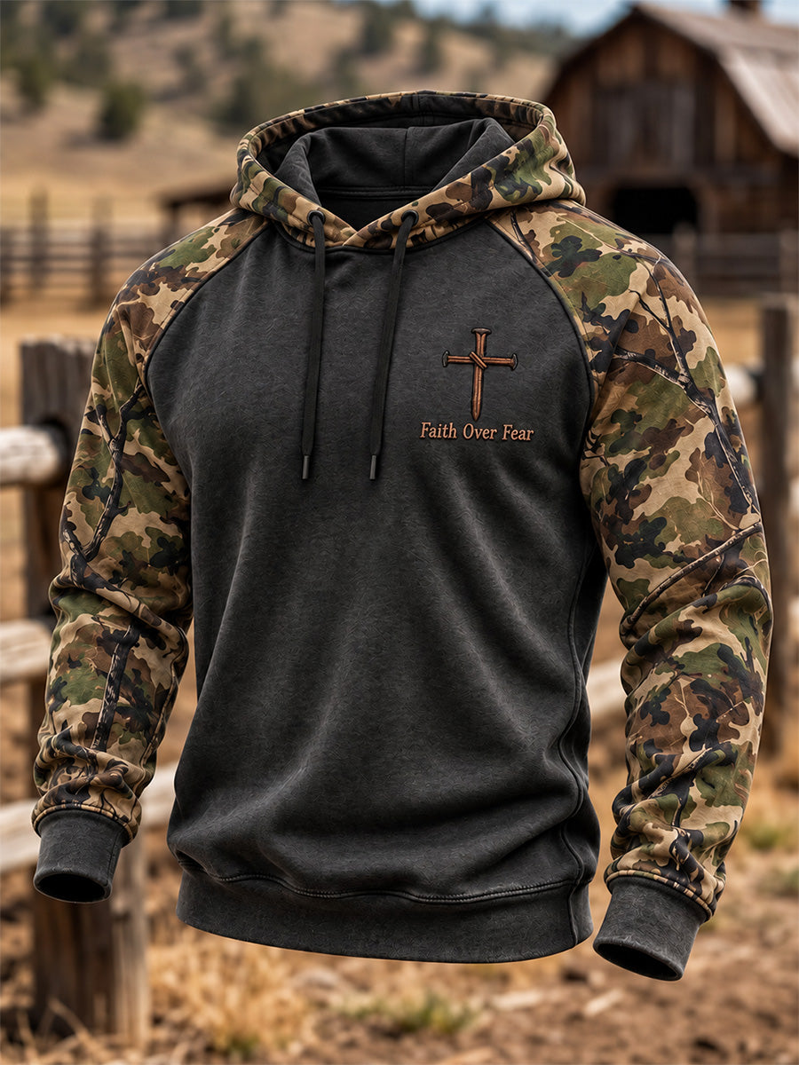 Men's Christian Cross Print Velvet Raglan Hoodie