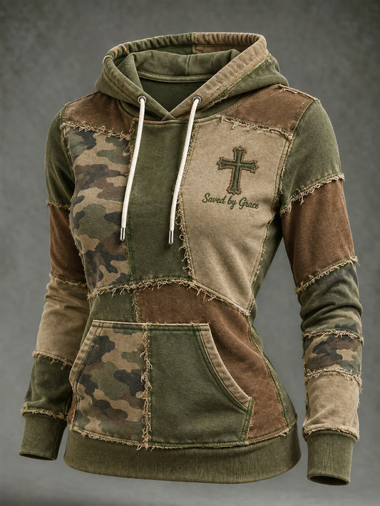Women's Vintage Camouflage And Corss Element Block Patchwork Design Print Casual Hoodie
