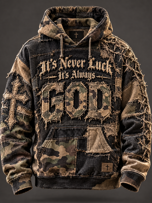 Men's Frayed Patch It's Never Luck It's Always God Cross Print Casual Hoodie