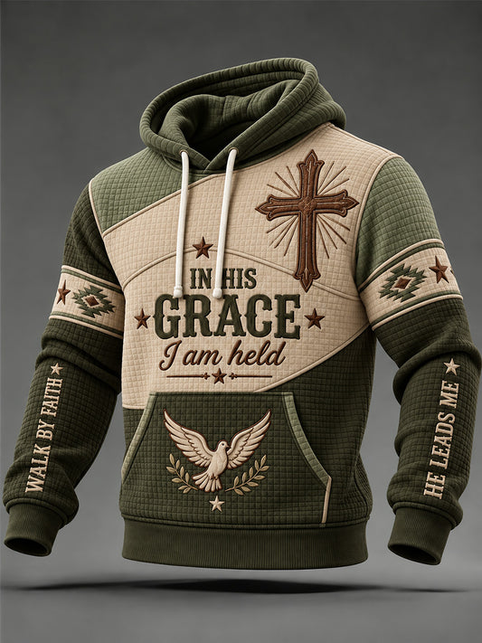 Men's In His Grace I Am Held Color-Block Print Checkered Cotton Hoodie