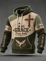 Men's In His Grace I Am Held Color-Block Print Checkered Cotton Hoodie